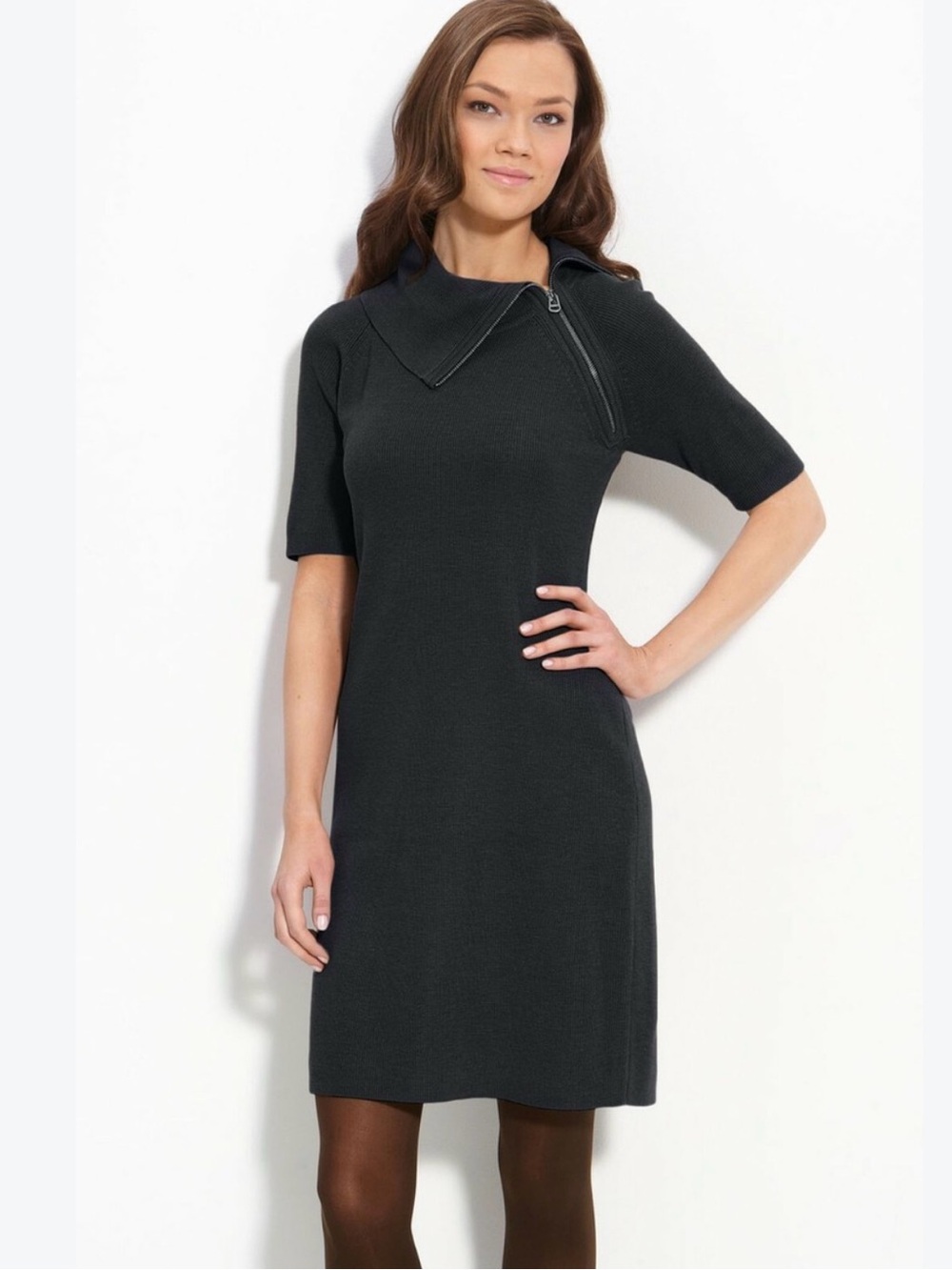 Calvin Klein Short Sleeve Knit Midi Dress in Grey with Asymmetrical Zipper Small